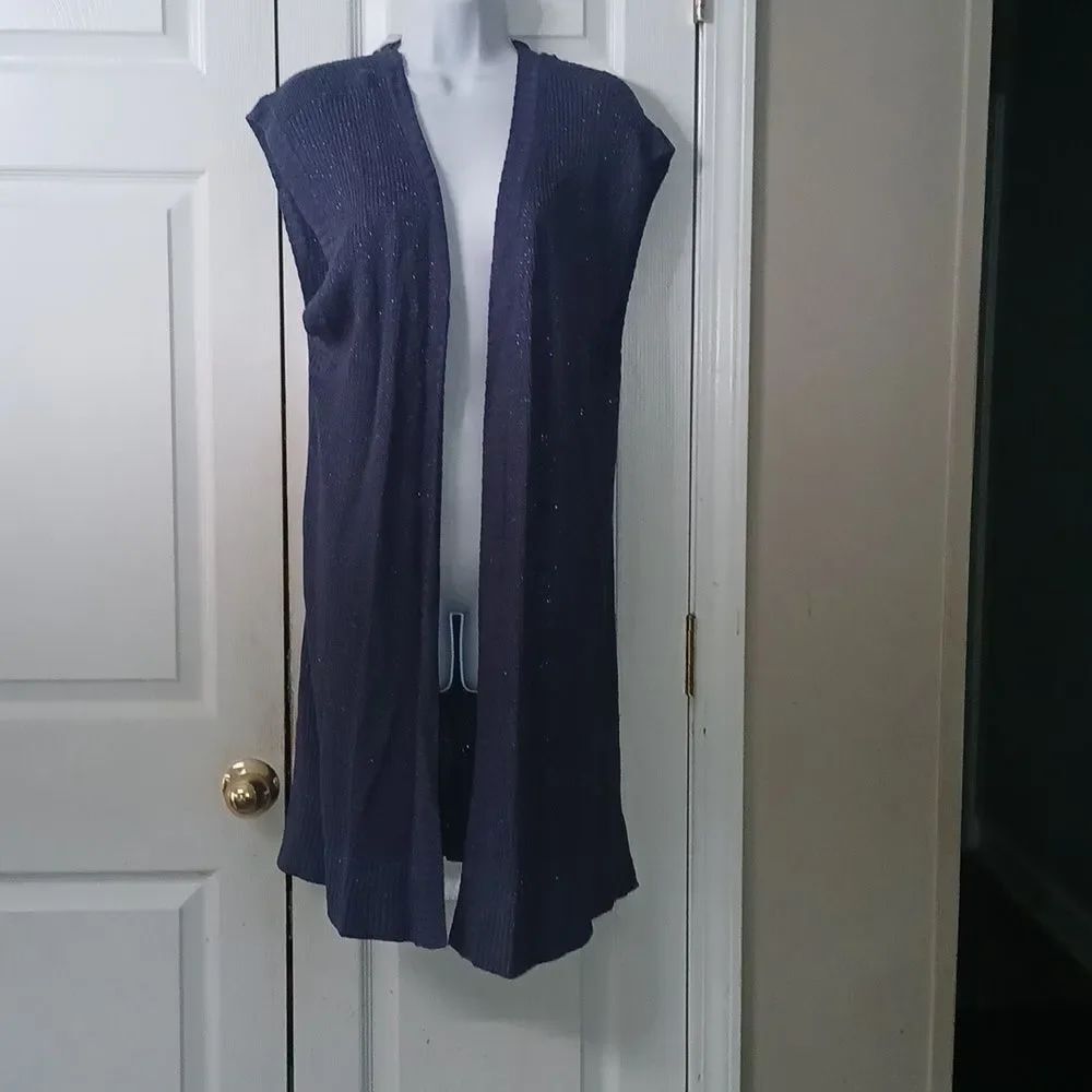 Chico’s Metallic Blue Lace Up Back Sleeveless Open Front Cardigan Sz XL NWOT